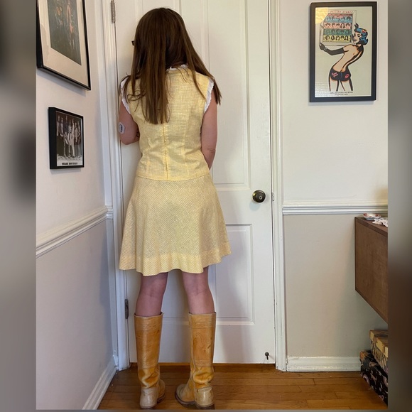 60s Vintage Drop Waist Yellow Gingham Farm Dress - Picture 3 of 9